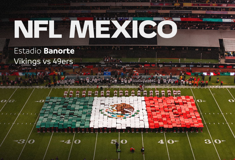 NFL Mexico game graphic, Vikings vs 49ers at Estadio Banorte with a giant Mexican flag on the field